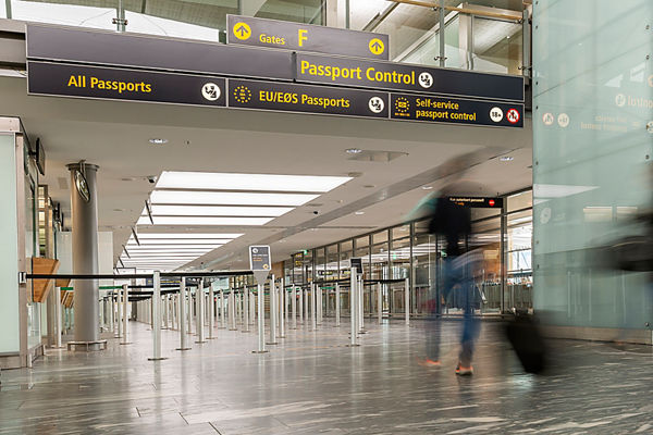 Passport control at an airport in Europe